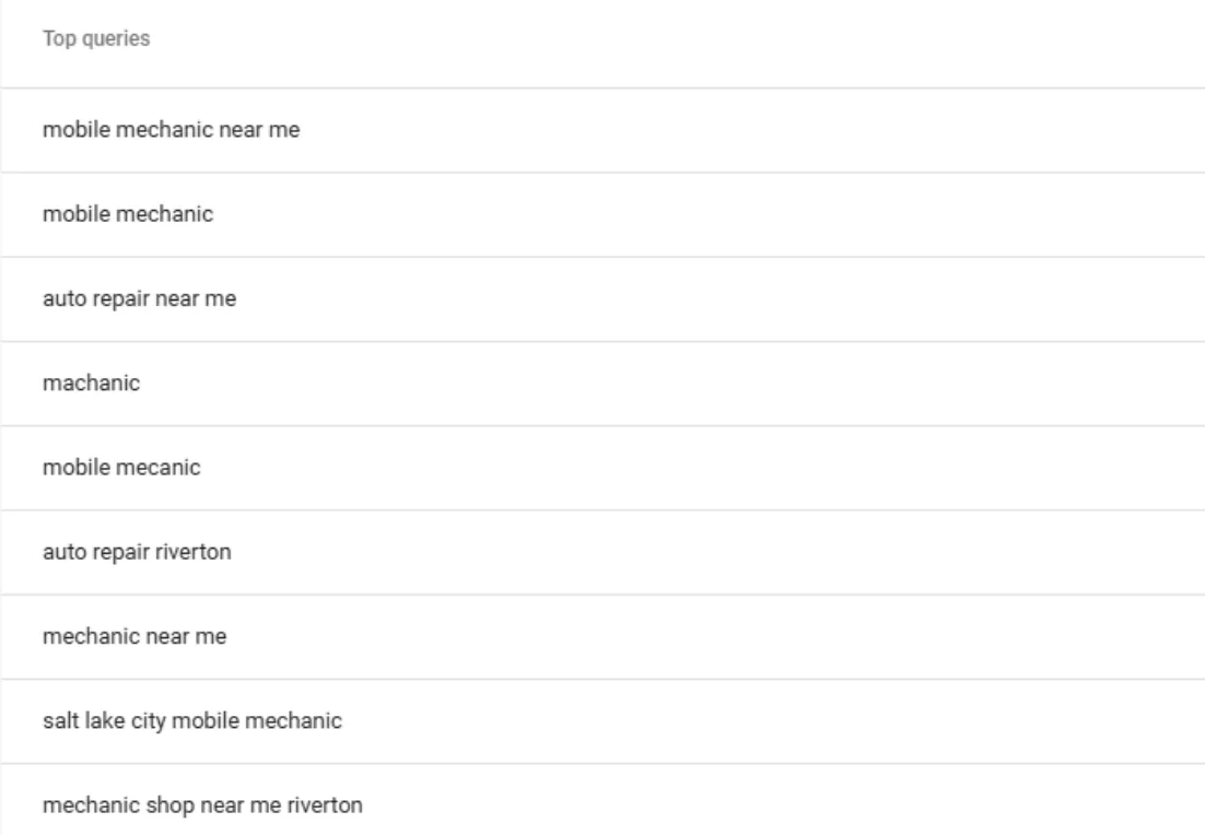 SLV Mobile Mechanics Google Search Console results showing 12 clicks and 793 impressions with top queries including mobile mechanic near me, auto repair near me, and auto repair riverton