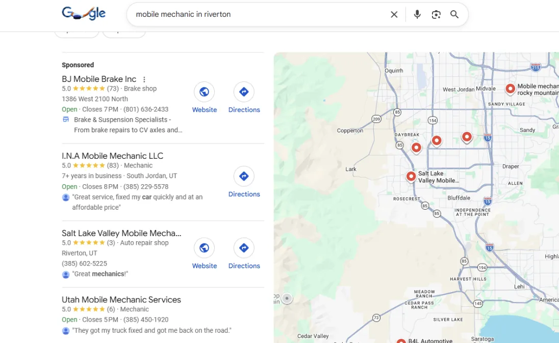 Google Map Pack results for mobile mechanic in Riverton showing SLV Mobile Mechanics and nearby competitors