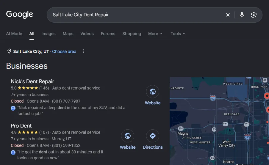 Google results for Salt Lake City Dent Repair with Nick's Dent Repair listed first
