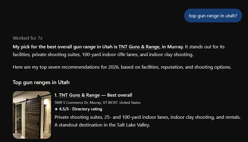 ChatGPT answer naming TNT Guns and Range the best overall gun range in Utah