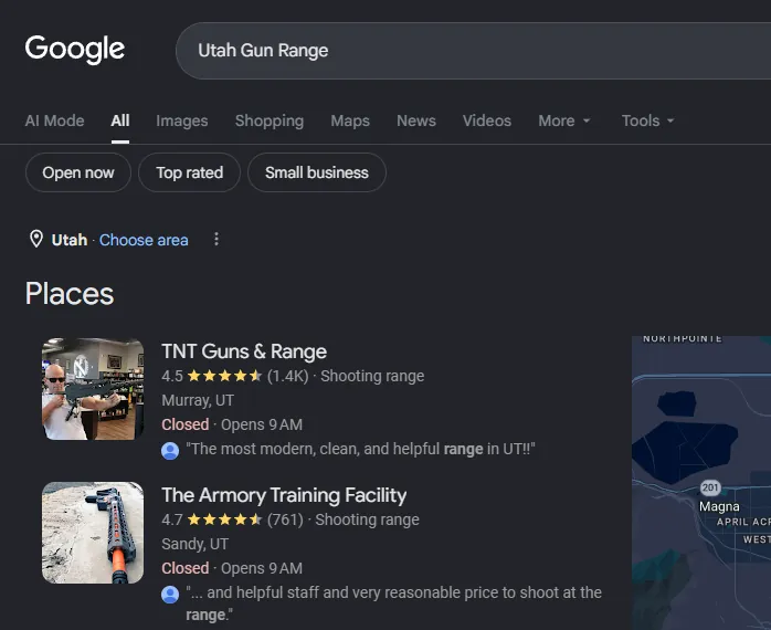 Google Places results for Utah Gun Range with TNT Guns and Range listed first