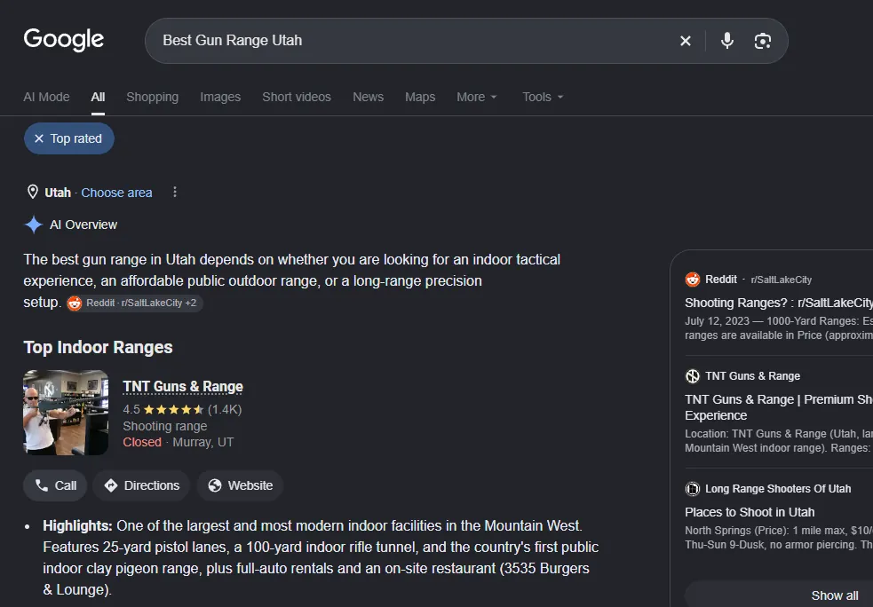 Google results for Best Gun Range Utah with TNT Guns and Range first under Top Indoor Ranges
