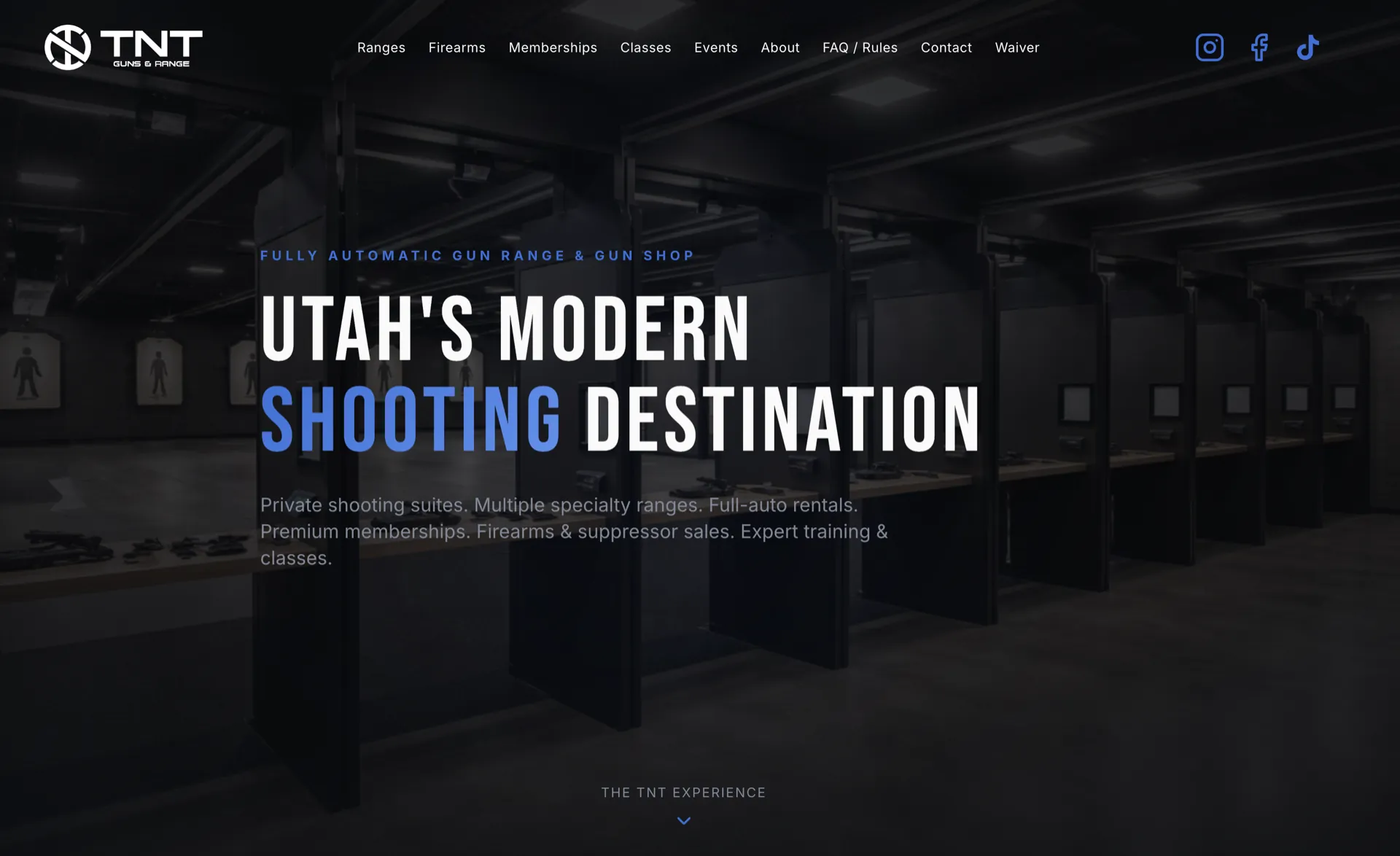 TNT Guns & Range homepage — Utah's modern shooting destination with clear hero, navigation, and CTAs